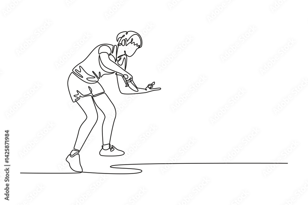 Fototapeta premium Single continuous line drawing beauty female table tennis player standing in certain position for serving ball and starting game. Sport and recreation. One line draw graphic design vector illustration