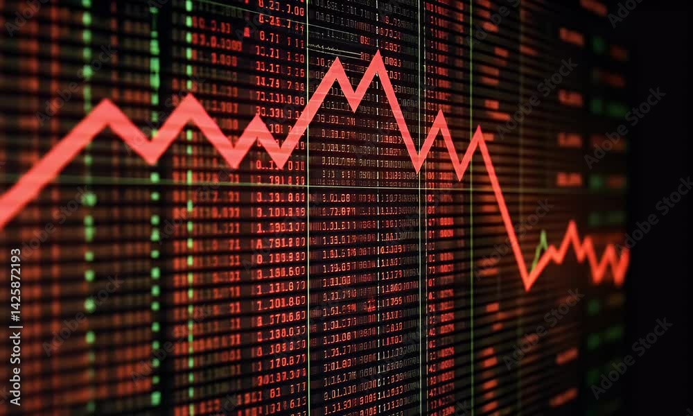 The stock market graph is declining, with a red arrow pointing downward on the digital screen
