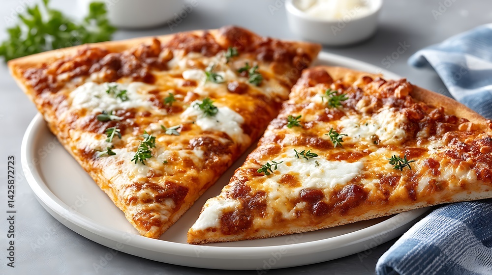Delicious New York Style Pizza Slice on White Paper Plate Delicious New York Style Pizza Slice on White Paper Plate