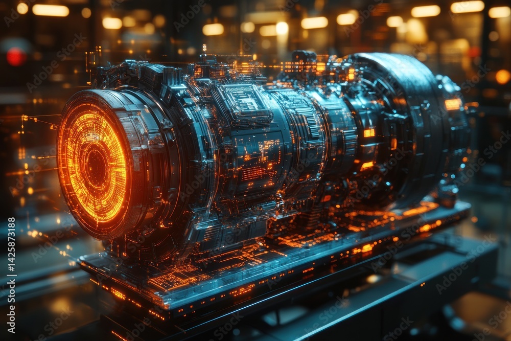Futuristic engine display in a dark industrial setting Futuristic engine display in a dark industrial setting