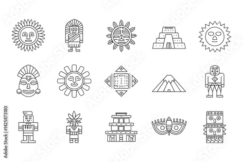 Inti Raymi Vector Icon Set. Inca Culture Line Art of Sun God, Rituals, Andean Traditions, Ancient Symbols and Festive Illustrations for Heritage and History Themes