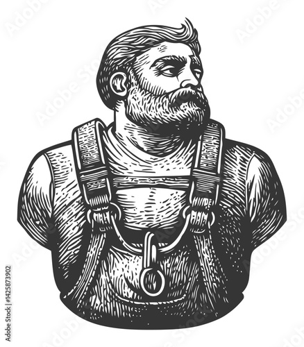 Hand-Drawn Illustration of a Strong Man with Beard and Harnessed Look