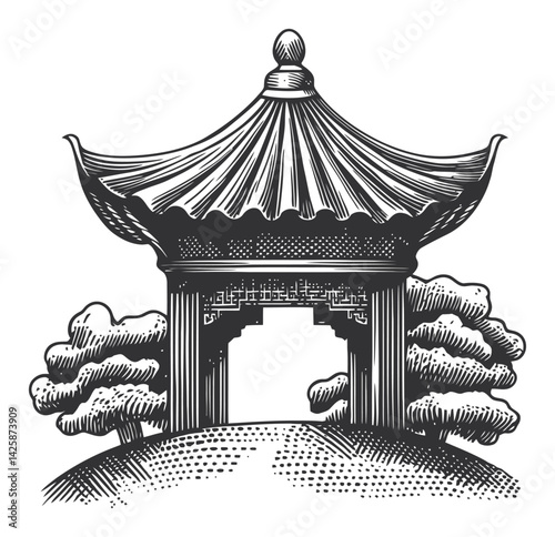 Hand-Drawn Illustration of a Traditional Asian Pavilion with Trees