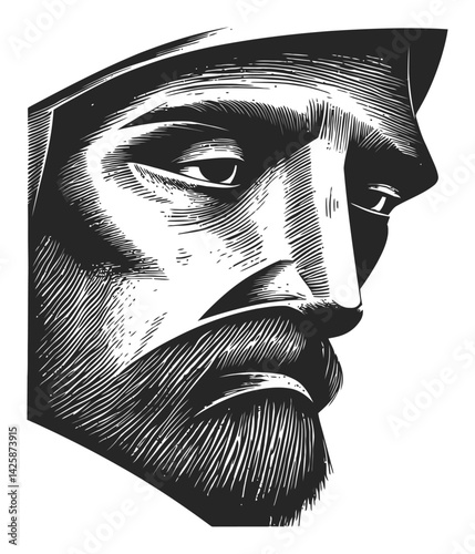 Hand Drawn Illustration of a Thoughtful Male Face in Black and White