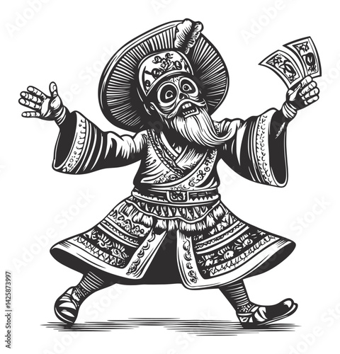 Hand-Drawn Illustration of a Celebratory Character in Traditional Attire