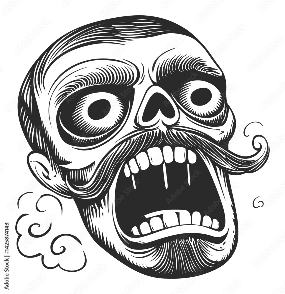 Fototapeta premium Hand-Drawn Skull Illustration with Mustache and Exaggerated Features