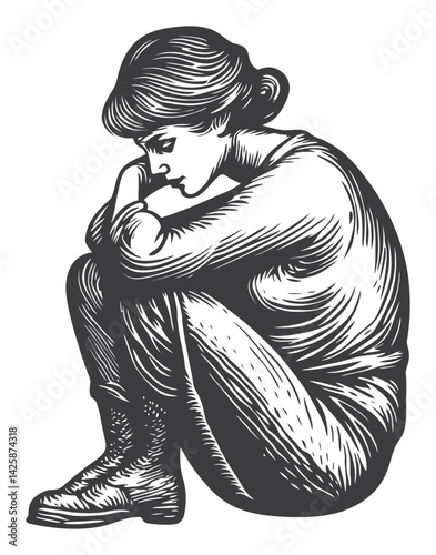 Thoughtful Woman in a Hand-Drawn Style Sitting in a Pensive Pose