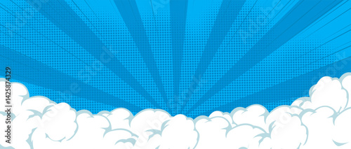comic blue banner background with cartoon clouds and dot halftone