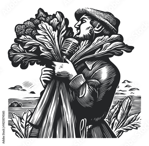 Hand-Drawn Illustration of Farmer Holding Vegetables in Field