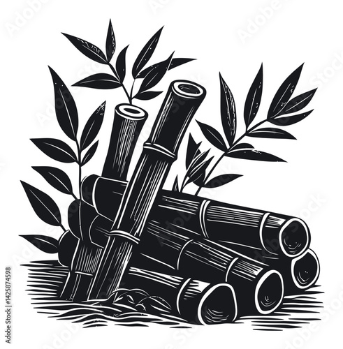 Hand-Drawn Illustration of Bamboo Stalks and Leaves in Black and White