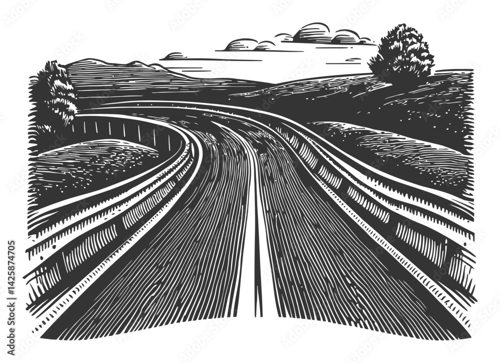 Fototapeta premium Hand-Drawn Illustration of a Winding Road Through Scenic Landscape