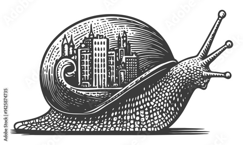 Vintage Hand-Drawn Snail Illustration with Cityscape Design