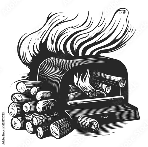 Hand Drawn Illustration of Traditional Wood Stove with Fire