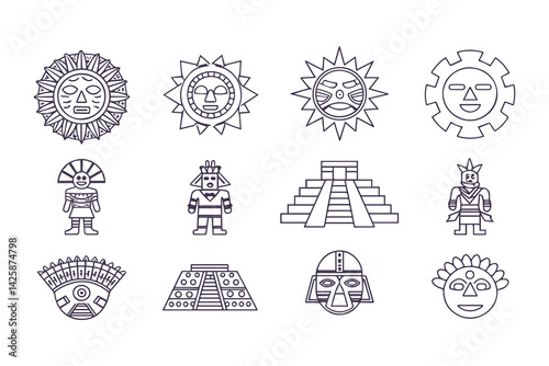 Inti Raymi Vector Icon Set. Inca Culture Line Art of Sun God, Rituals, Andean Traditions, Ancient Symbols and Festive Illustrations for Heritage and History Themes