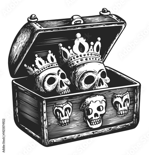 Hand Drawn Illustration of a Treasure Chest with Skull Designs