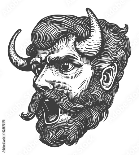 Hand Drawn Illustration of a Horned Man with Intense Expression