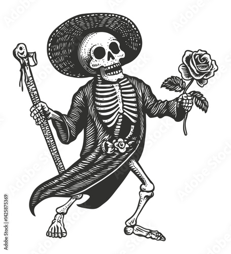Skeleton with Rose and Staff in Hand-Drawn Illustration Style