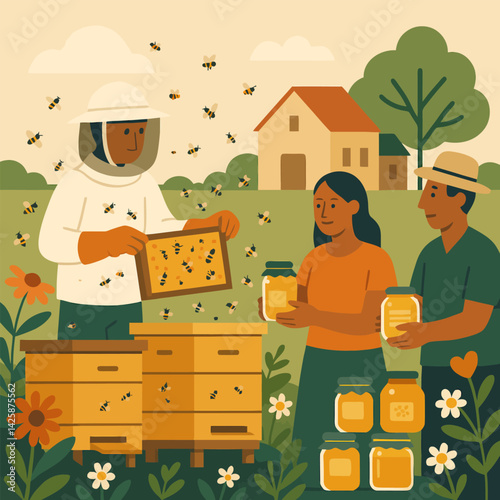 Beekeeper Inspecting Honeycomb with Family in Rural Garden Illustration