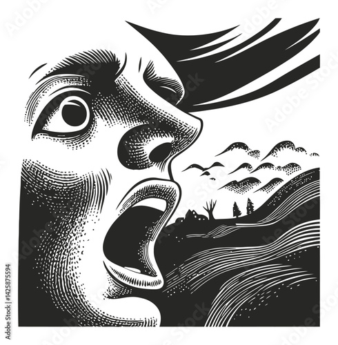Dramatic Hand-Drawn Illustration of a Shouting Face and Landscape