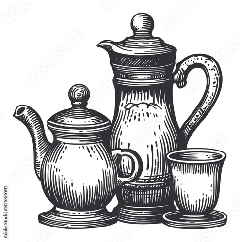 Vintage Hand-Drawn Illustration of Teapots and Cups in Black and White