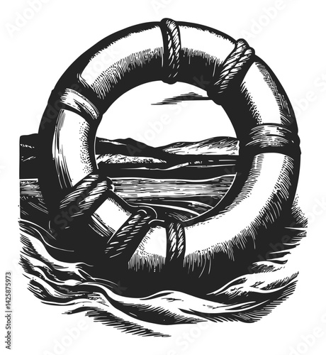 Hand Drawn Illustration of a Life Buoy with Landscape Background