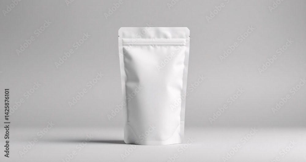 White matte standing pouch mockup isolated on soft gray background with clean diffused studio lighting, ideal for minimalist branding and packaging design. White matte standing pouch mockup isolated on soft gray background with clean diffused studio lighting, ideal for minimalist branding and packaging design.