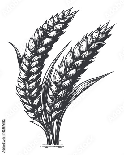 Detailed Hand-Drawn Illustration of Wheat Ears in Black and White