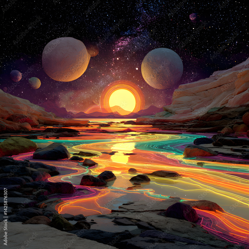 Fototapeta premium Alien Planet Sunset Glowing River Rocks Fantasy Landscape