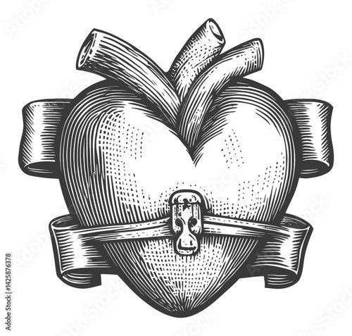 Hand-Drawn Illustration of Anatomical Heart with Banner Design