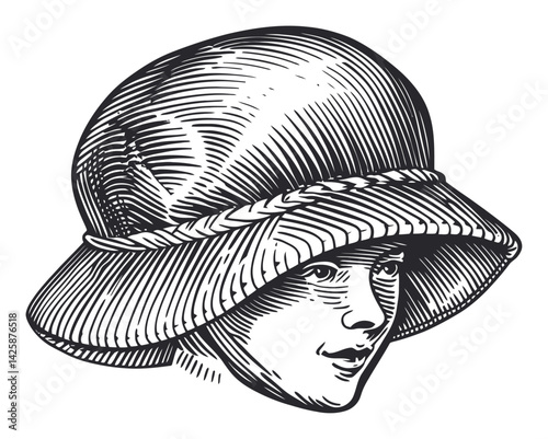 Vintage Hat Illustration with Detailed Line Art of a Young Girl