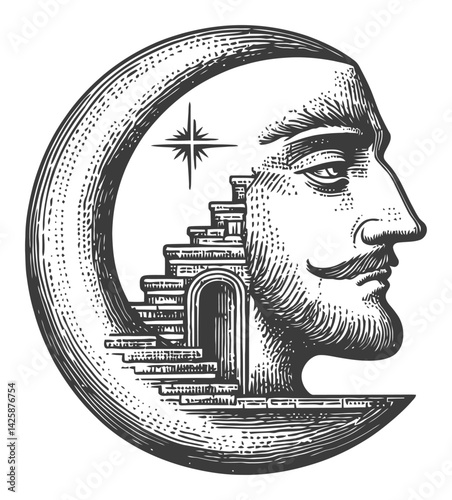 Intricate Hand-Drawn Illustration of a Moon Face with Stairs