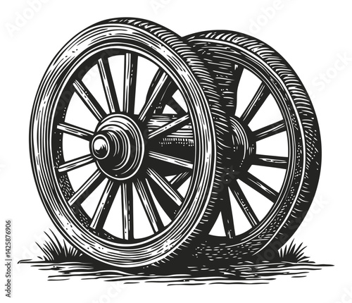 Hand-drawn vintage cart wheel illustration in black and white style