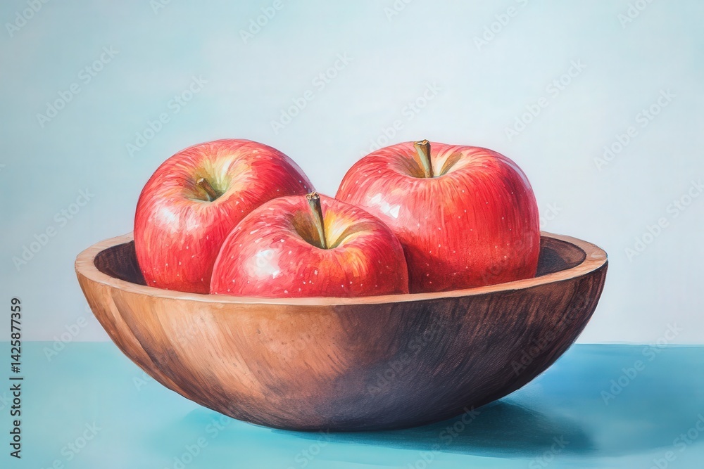 Three vibrant red apples in a wooden bowl. Three vibrant red apples in a wooden bowl.