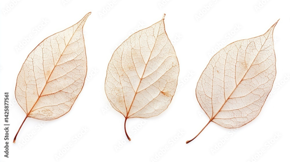 Fototapeta premium Three delicate, light beige dried leaves