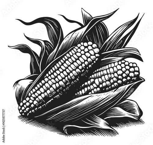 Hand-Drawn Illustration of Fresh Corn on the Cob Surrounded by Leaves