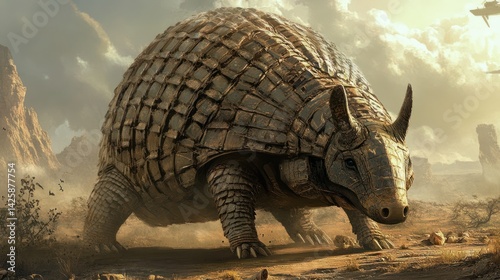 Giant armored creature desert landscape prehistoric wildlife game art