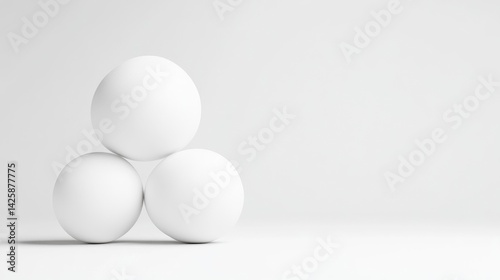 Three White Spheres Minimalist Studio Lighting Wide angle shot Smooth surfaces Balanced arrangement Abstract shapes White backdrop Clean monochrome aesthetic Website design element