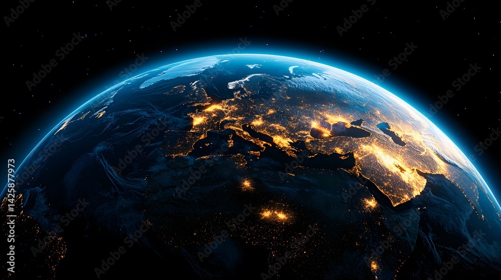 Obraz premium A nighttime view of Europe and surrounding areas from space, showing the glowing lights of major cities and towns against the dark backdrop of the Earth and space.