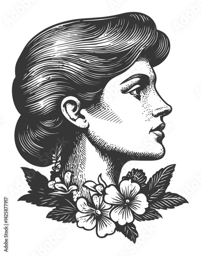Elegant Hand-Drawn Illustration of Female Profile with Flowers