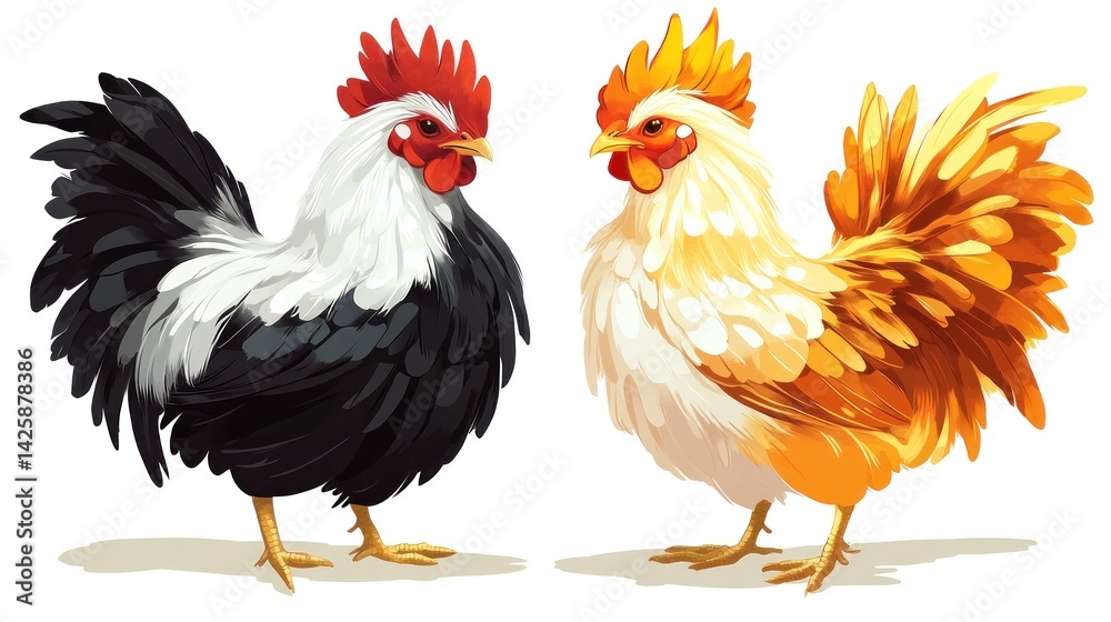 Fototapeta premium Two colorful roosters facing each other