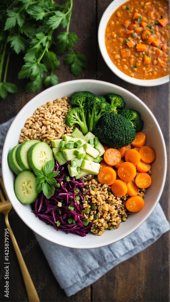 Wholesome Grain Bowl Featuring Vibrant Vegetables and a Hearty Soup, Perfect for a Nourishing and Delightful Lunch. Wholesome Grain Bowl Featuring Vibrant Vegetables and a Hearty Soup, Perfect for a Nourishing and Delightful Lunch.