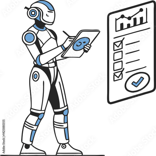 AI assistant robot, futuristic design, blue accents, checklist, documents, data processing, digital interface, vector illustration