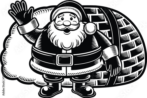 Black and White Santa Claus with Sack Waving Illustration