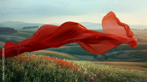 Flowing Red Fabric Gracefully Drifts Over Serene Landscape and Lush Green Meadow, Evoking Freedom in Nature