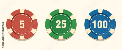 Three casino poker chips with denomination. Bright vector design of gambling chips in red, green, blue colors isolated on white background. Ideal for casino icon design projects, slot machines, roule