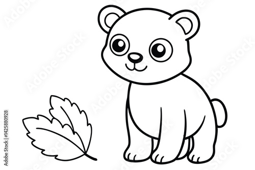 Cute Bear Cub Outline with Leaf, Cartoon Illustration for Coloring Book.