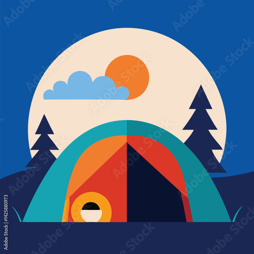 Camping elements tent icon Vector Camper inside tent peeking out at sunrise, cozy early morning scene
