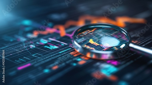 A magnifying glass on complex digital display showcasing vibrant multicolored graphs and charts for data analysis or market research insights today