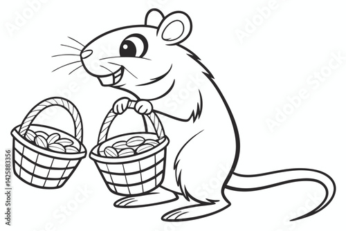 Cartoon Rat Delivering Baskets of Treats, Black and White Vector Illustration.