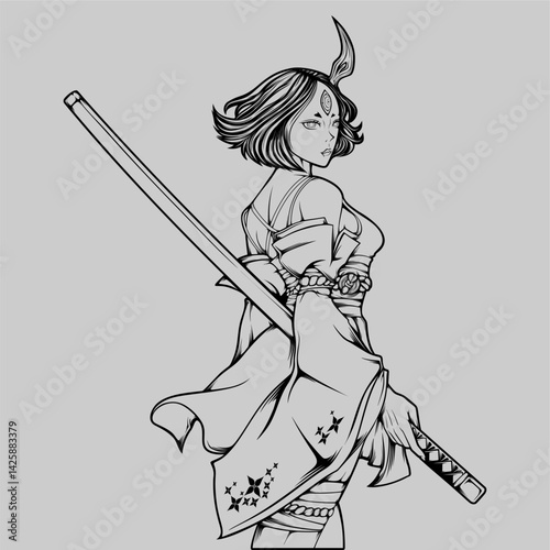 samurai girl vector illustration in black and white color